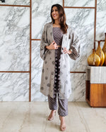 Load image into Gallery viewer, GREY LEAF PRINT JACKET WITH POLKA DOTS SPAGHETTI BUSTIER AND HAREM PANTS

