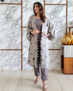 Load image into Gallery viewer, GREY LEAF PRINT JACKET WITH POLKA DOTS SPAGHETTI BUSTIER AND HAREM PANTS
