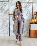 Load image into Gallery viewer, GREY LEAF PRINT JACKET WITH POLKA DOTS SPAGHETTI BUSTIER AND HAREM PANTS
