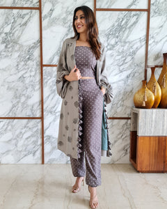 GREY LEAF PRINT JACKET WITH POLKA DOTS SPAGHETTI BUSTIER AND HAREM PANTS