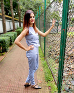 Load image into Gallery viewer, BLUE ASYMETRIC BUTTONED TOP AND FITTED TROUSER
