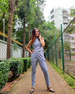 Load image into Gallery viewer, BLUE ASYMETRIC BUTTONED TOP AND FITTED TROUSER

