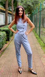 Load image into Gallery viewer, BLUE ASYMETRIC BUTTONED TOP AND FITTED TROUSER
