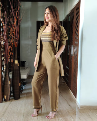 OLIVE JACKET WITH BELT PAIRED WITH TEXTURED EMBELISHED JUMPSUIT
