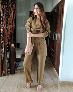 OLIVE JACKET WITH BELT PAIRED WITH TEXTURED EMBELISHED JUMPSUIT