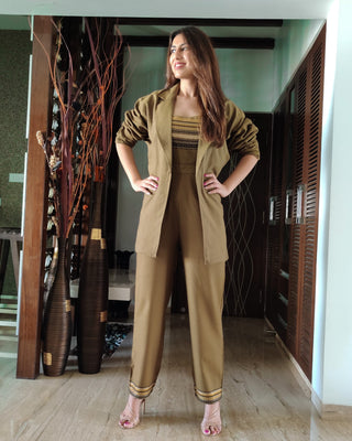 OLIVE JACKET WITH BELT PAIRED WITH TEXTURED EMBELISHED JUMPSUIT