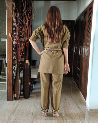 OLIVE JACKET WITH BELT PAIRED WITH TEXTURED EMBELISHED JUMPSUIT