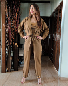 OLIVE JACKET WITH BELT PAIRED WITH TEXTURED EMBELISHED JUMPSUIT
