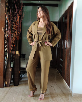 OLIVE JACKET WITH BELT PAIRED WITH TEXTURED EMBELISHED JUMPSUIT