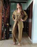 Load image into Gallery viewer, OLIVE JACKET WITH BELT PAIRED WITH TEXTURED EMBELISHED JUMPSUIT
