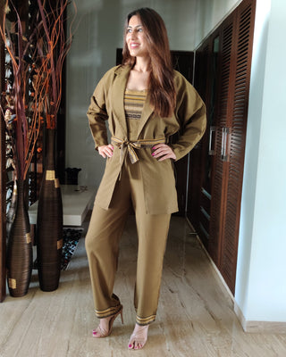 OLIVE JACKET WITH BELT PAIRED WITH TEXTURED EMBELISHED JUMPSUIT