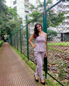 STRIPED PEPLUM TIE-UP STRAPED TOP WITH EASY FIT PANTS