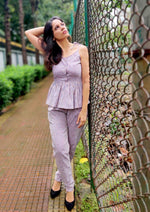 Load image into Gallery viewer, STRIPED PEPLUM TIE-UP STRAPED TOP WITH EASY FIT PANTS
