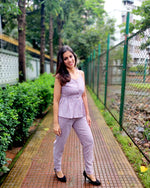 Load image into Gallery viewer, STRIPED PEPLUM TIE-UP STRAPED TOP WITH EASY FIT PANTS

