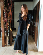 Load image into Gallery viewer, BLACK FRONT TIE UP AND PUFFED SHORT SLEEVED JUMPSUIT
