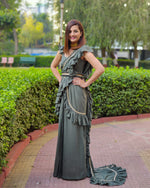 Load image into Gallery viewer, GREEN RUFFLE SKIRT SAREE WITH FRILLED BLOUSE
