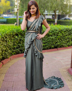 Load image into Gallery viewer, GREEN RUFFLE SKIRT SAREE WITH FRILLED BLOUSE
