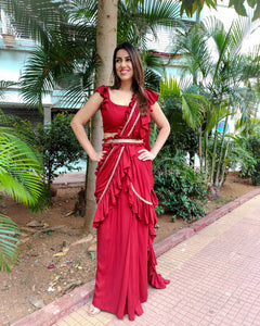 MAROON RUFFLE SKIRT SAREE WITH FRILLED BLOUSE
