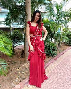 MAROON RUFFLE SKIRT SAREE WITH FRILLED BLOUSE