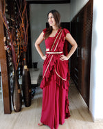 Load image into Gallery viewer, MAROON RUFFLE SKIRT SAREE WITH FRILLED BLOUSE
