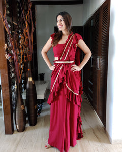 MAROON RUFFLE SKIRT SAREE WITH FRILLED BLOUSE