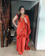 Load image into Gallery viewer, RED RUFFLE SKIRT SAREE WITH FRILLED BLOUSE
