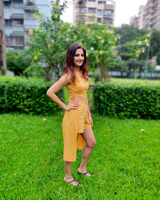 Mustard Tie-Up Crop Top with Shorts