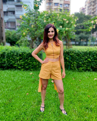 Mustard Tie-Up Crop Top with Shorts