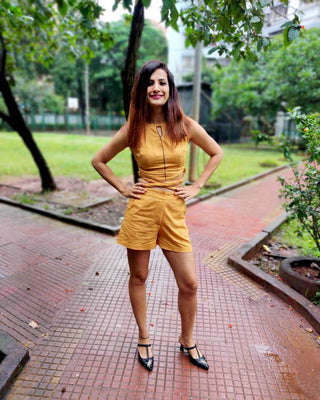 Mustard Tie-Up Crop Top with Shorts
