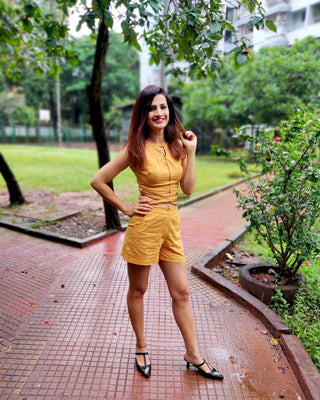 Mustard Tie-Up Crop Top with Shorts