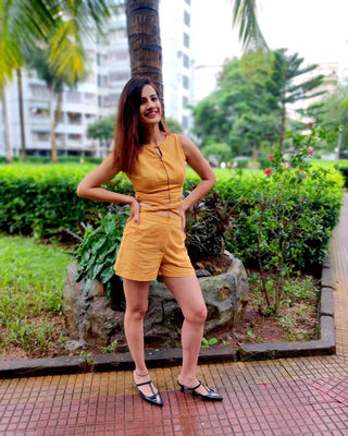 Mustard Tie-Up Crop Top with Shorts