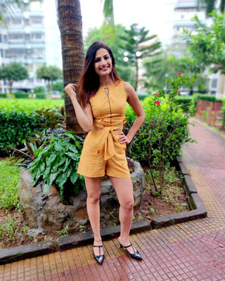 Mustard Tie-Up Crop Top with Shorts