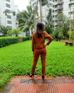 Load image into Gallery viewer, DARK MUSTARD SHORT JACKET PAIRED WITH FITTED PANTS
