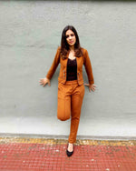 Load image into Gallery viewer, DARK MUSTARD SHORT JACKET PAIRED WITH FITTED PANTS
