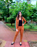Load image into Gallery viewer, DARK MUSTARD SHORT JACKET PAIRED WITH FITTED PANTS
