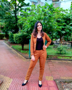 DARK MUSTARD SHORT JACKET PAIRED WITH FITTED PANTS