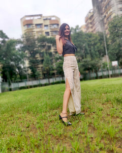 JUTE COTTON STRIPE FLARE PANT WITH SLIT