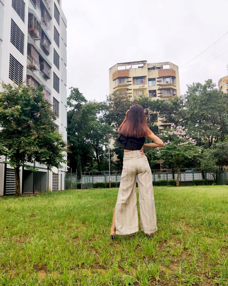 JUTE COTTON STRIPE FLARE PANT WITH SLIT