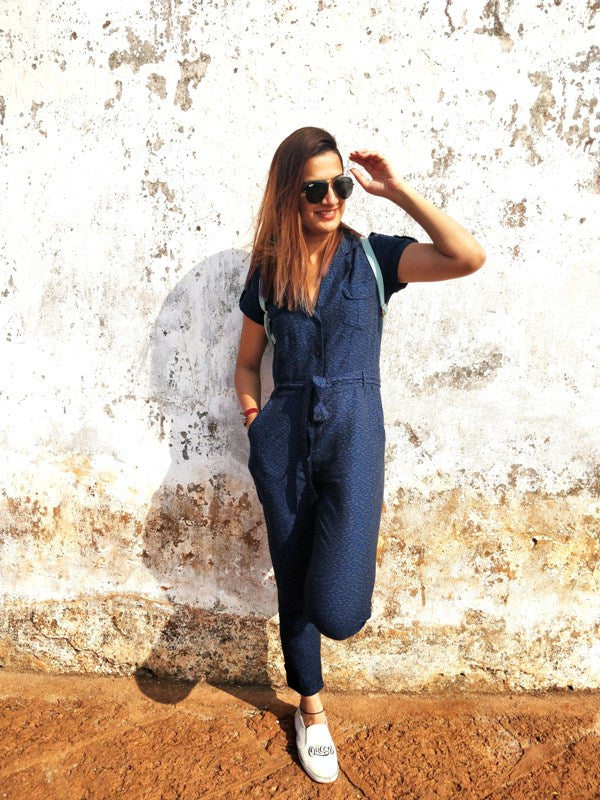 NAVY LINEN PRINTED CAPRI JUMPSUIT