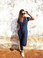 Load image into Gallery viewer, NAVY LINEN PRINTED CAPRI JUMPSUIT
