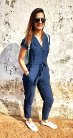 Load image into Gallery viewer, NAVY LINEN PRINTED CAPRI JUMPSUIT
