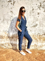 Load image into Gallery viewer, NAVY LINEN PRINTED CAPRI JUMPSUIT
