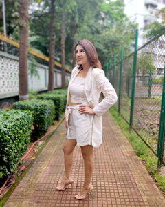 WHITE LONG BLAZER JACKET CO ORD WITH TUBE BUSTIER AND SHORTS