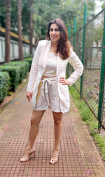 Load image into Gallery viewer, WHITE LONG BLAZER JACKET CO ORD WITH TUBE BUSTIER AND SHORTS
