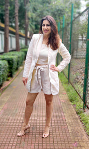 WHITE LONG BLAZER JACKET CO ORD WITH TUBE BUSTIER AND SHORTS