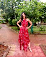 Load image into Gallery viewer, RED FLORAL PRINTED HALTER NECK TOP CO-ORD WITH SKIRT
