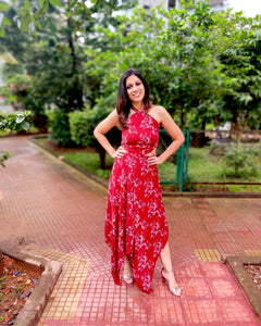 RED FLORAL PRINTED HALTER NECK TOP CO-ORD WITH SKIRT