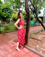 Load image into Gallery viewer, RED FLORAL PRINTED HALTER NECK TOP CO-ORD WITH SKIRT
