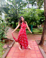Load image into Gallery viewer, RED FLORAL PRINTED HALTER NECK TOP CO-ORD WITH SKIRT

