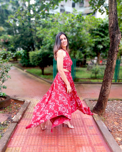 RED FLORAL PRINTED HALTER NECK TOP CO-ORD WITH SKIRT